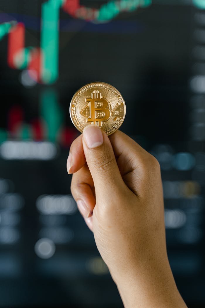 A hand holds a Bitcoin against a backdrop of financial charts, symbolizing cryptocurrency trading.